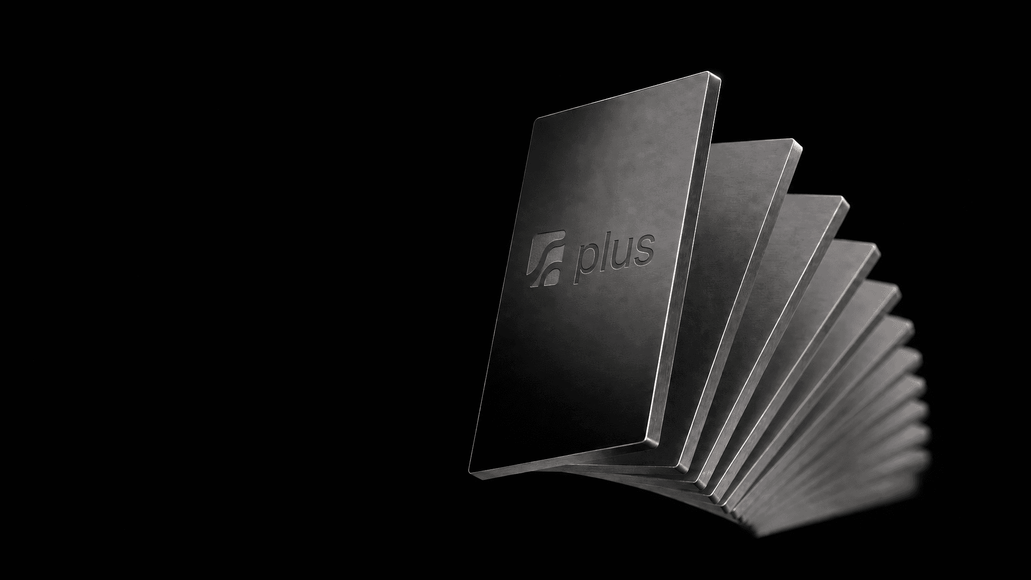 A machined metal slab engraved with the saascode mark and the word plus, lifted in front of a fanned stack of identical slabs — the catalog, and the membership that opens it