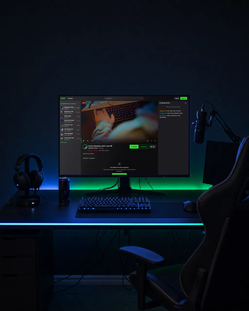 Thick on a creator's streaming desk: a live channel page, chat open